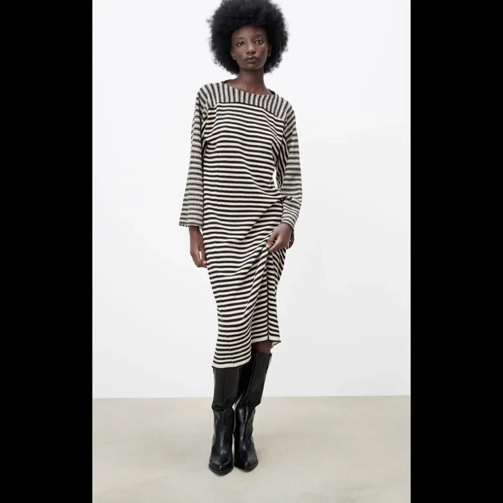 NEW ZARA black white striped 100% wool knit mid length sweater dress S